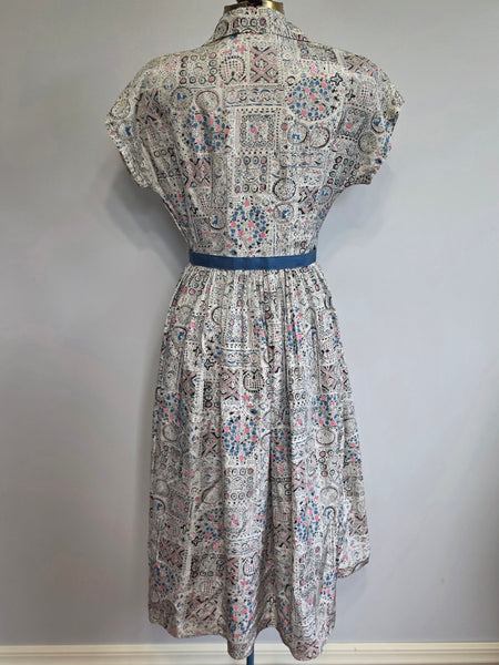 White Blue Pink Abstract Print Dress <br> (B-34" W-25.5" H-42")