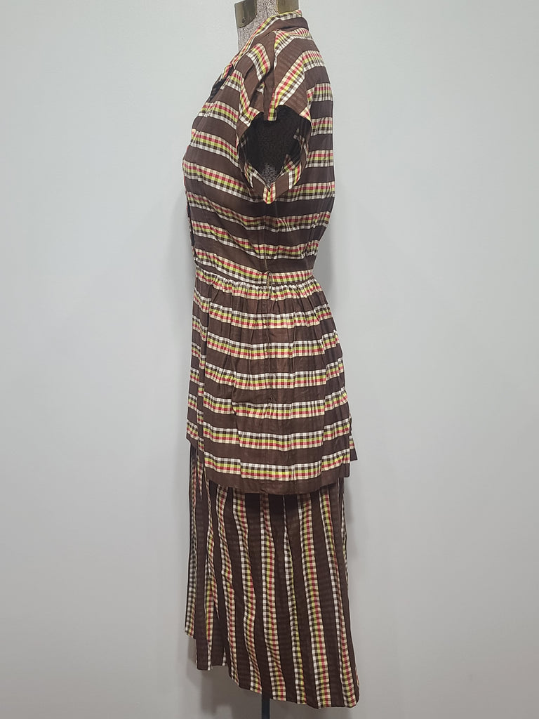Brown Plaid Stripe Peplum Dress (B-34" W-24" H-34") Brown Plaid Stripe Peplum Dress (B-34" W-24" H-34")