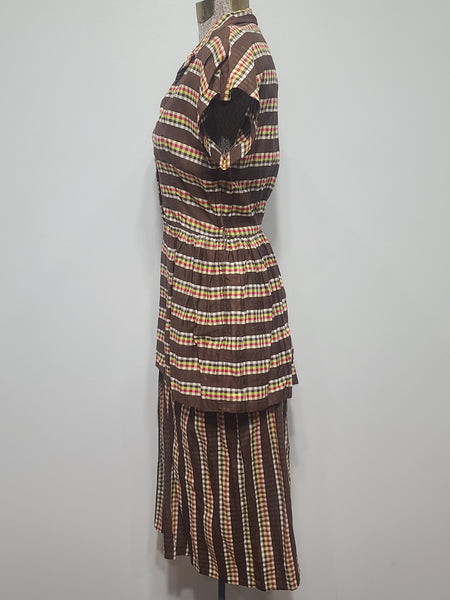 Brown Plaid Stripe Peplum Dress <br> (B-34" W-24" H-34")