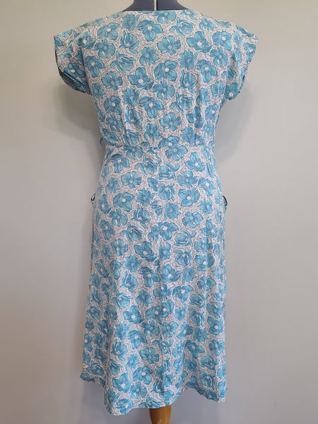 Blue Flower Print Dress Asymmetrical Button Design <br> (B-41" W-36" H-43")