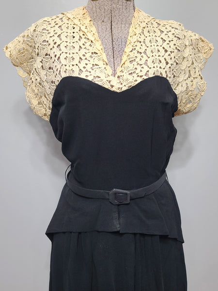 Black Rayon Peplum Dress with Lace Top <br> (B-34" W-27" H-37")