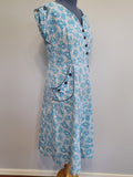 Blue Flower Print Dress Asymmetrical Button Design <br> (B-41" W-36" H-43")