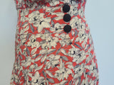German Red White Black Flower Print Rayon Dress <br> (B-38" W-28" H-35")