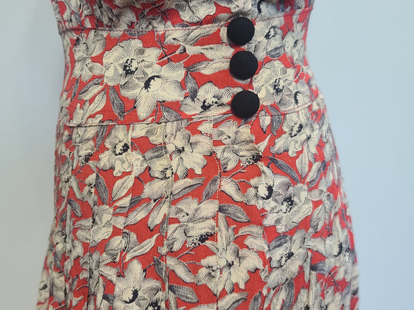 German Red White Black Flower Print Rayon Dress <br> (B-38" W-28" H-35")