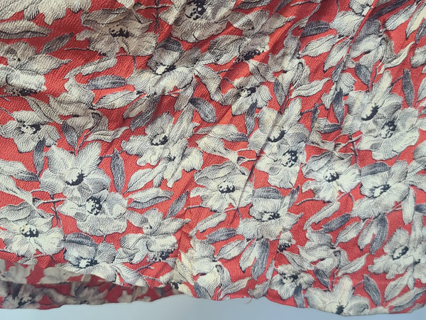 German Red White Black Flower Print Rayon Dress <br> (B-38" W-28" H-35")