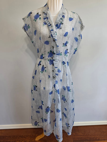 Blue Flower Print Dress and Slip <br> (B-37" W-33" H-37")
