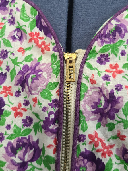 Purple Flower Print Zipper Front House Dress <br> (B-50" W-44" H-52")