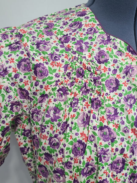 Purple Flower Print Zipper Front House Dress <br> (B-50" W-44" H-52")