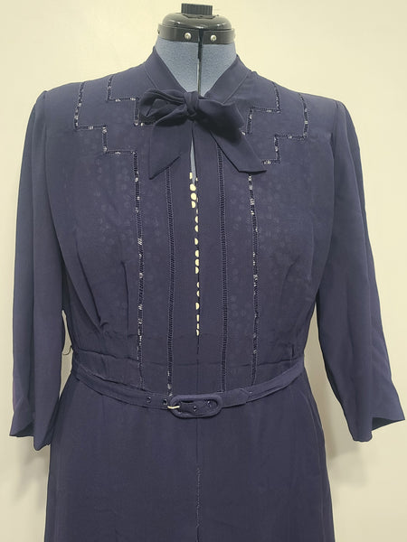 Dark Blue Rayon Dress with Polka Dots <br> (B-46" W-37" H-43")