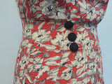 German Red White Black Flower Print Rayon Dress <br> (B-38" W-28" H-35")