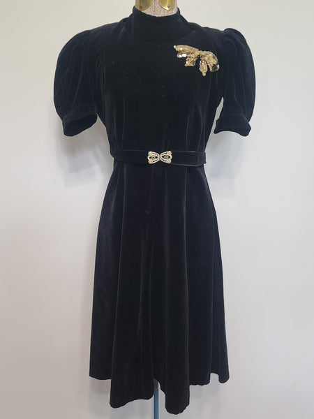 German Black Velvet Dress with Sequin Bow <br> (B-36" W-27" H-35")