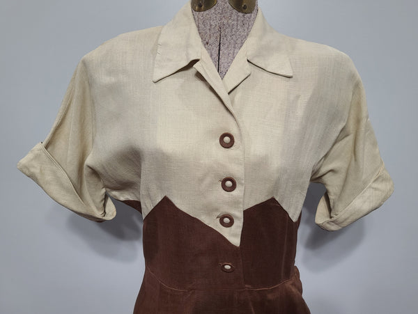Brown and Tan Colorblock Linen Dress <br> (B-36" W-26.5" H-37")