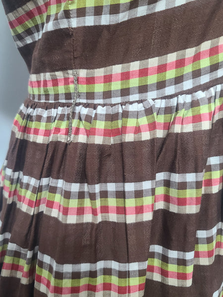 Brown Plaid Stripe Peplum Dress <br> (B-34" W-24" H-34")