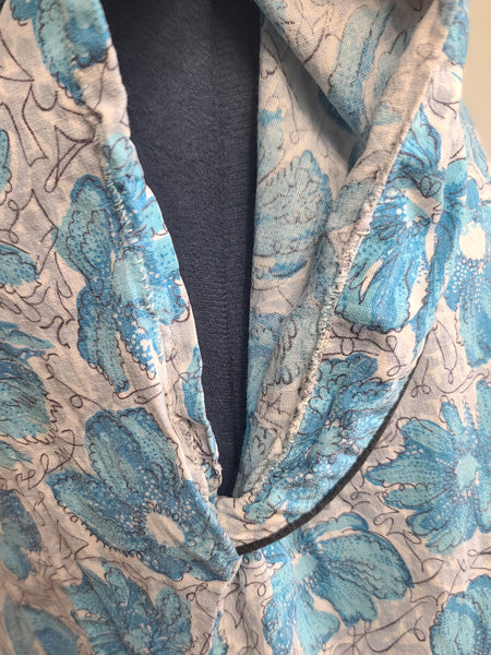 Blue Flower Print Dress Asymmetrical Button Design <br> (B-41" W-36" H-43")
