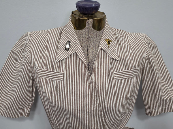 Army Nurse Seersucker Hospital Dress and Cap (Named) <br> (B-34" W-25" H-33")