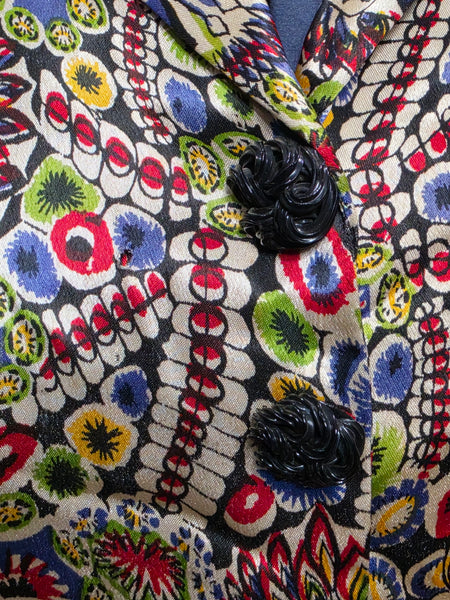 Black Rayon Dress with Colorful Print Wrap Around Top <br> (B-42" W-35" H-41")