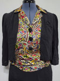 Black Rayon Dress with Colorful Print Wrap Around Top <br> (B-42" W-35" H-41")