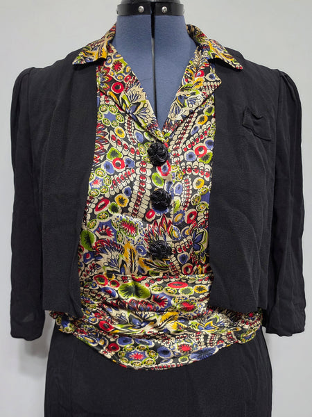 Black Rayon Dress with Colorful Print Wrap Around Top <br> (B-42" W-35" H-41")