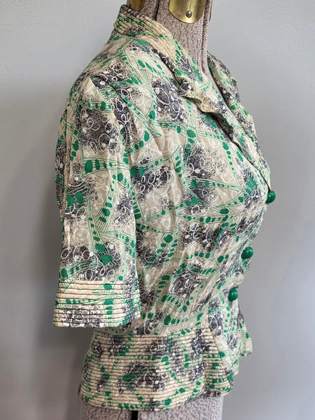 Green Print Peplum Blouse <br> (B-36" W-26")