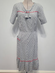 Blue Gray Print Dress with Red Trim <br> (B-36" W-27" H-35")
