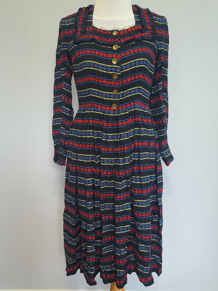 German Long Sleeve Stripe Print Dirndl Dress <br> (B-36" W-30")