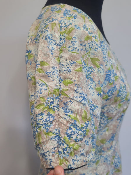 Light Blue and Green Flower Print Dress <br> (B-37" W-28.5" H-39")