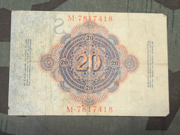 Zwanzig Mark Note 20 Reichsbanknote 1914