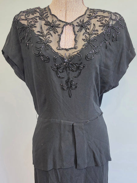 Black Rayon Gown Beading and Peplum <br> (B-36" W-28" H-34")