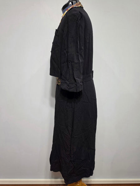 Black Rayon Dress with Colorful Print Wrap Around Top <br> (B-42" W-35" H-41")