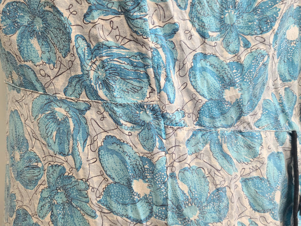 Blue Flower Print Dress Asymmetrical Button Design <br> (B-41" W-36" H-43")