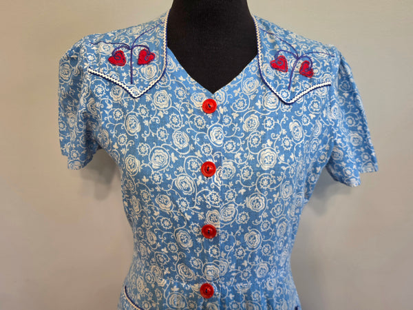 Blue White Print Dress with Red Accents <br> (B-38" W-32" H-41")