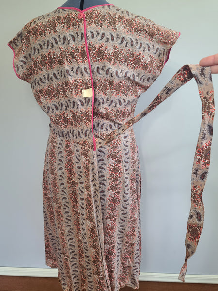 Pink and Brown Paisley Flower Print Wrap Dress <br> (B-44" W-35" H-46")