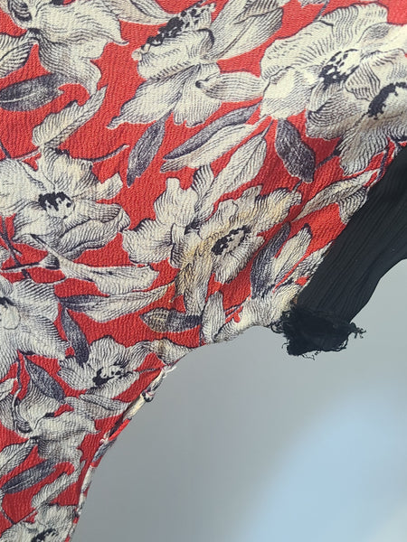German Red White Black Flower Print Rayon Dress <br> (B-38" W-28" H-35")