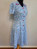 Blue White Print Dress with Red Accents <br> (B-38" W-32" H-41")
