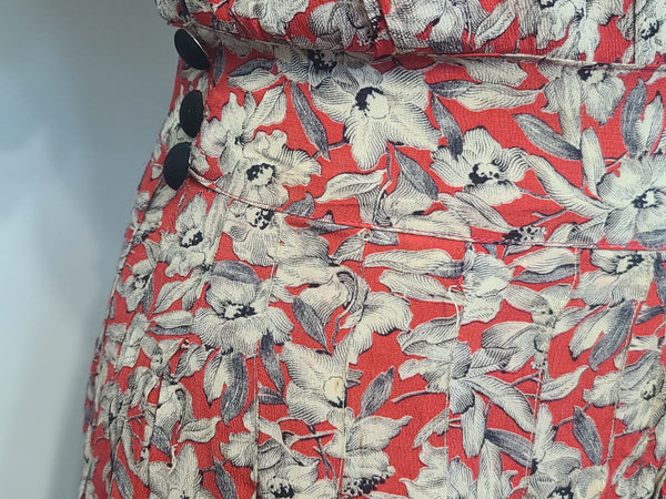German Red White Black Flower Print Rayon Dress <br> (B-38" W-28" H-35")