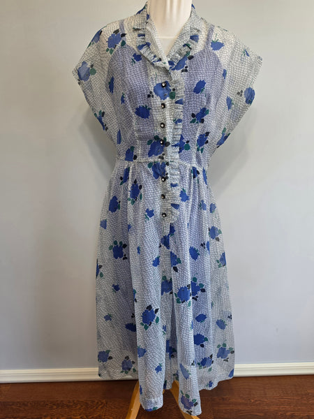Blue Flower Print Dress and Slip <br> (B-37" W-33" H-37")