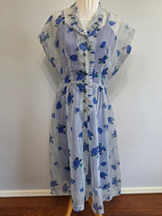 Blue Flower Print Dress and Slip <br> (B-37" W-33" H-37")