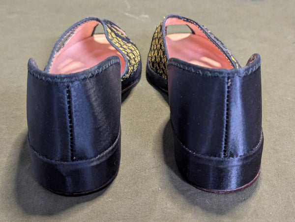 Gold & Black Peep Toe Shoes Wedge Sandals NOS in Box (~Size 6)