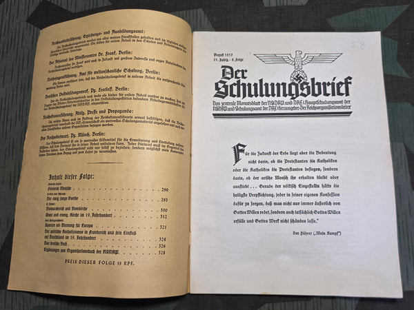 Der Schulungsbrief NSDAP Magazine August 1937 Church & State