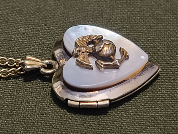 Marine Corps Sweetheart Heart Locket Necklace Mother of Pearl