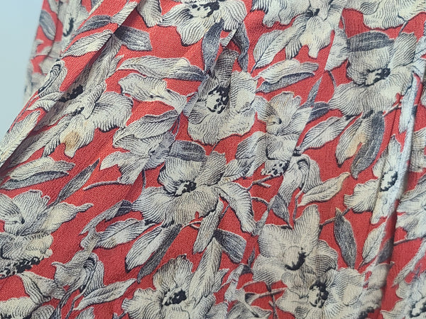 German Red White Black Flower Print Rayon Dress <br> (B-38" W-28" H-35")