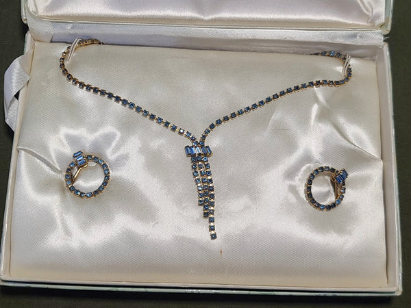Blue Rhinestone Necklace and Screwback Earrings Set