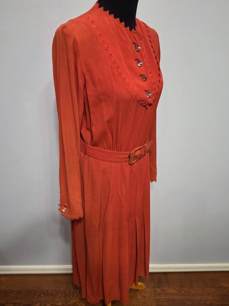 Orange Rayon Dress with Scalloped Edges <br> (B-40" W-30.5" H-38")
