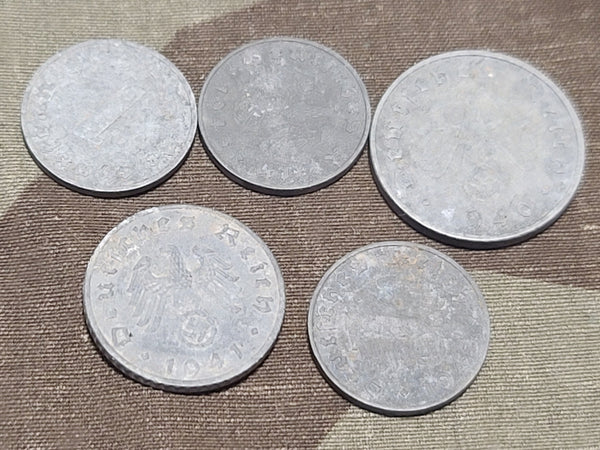 Lot of Five Wartime Reichspfennig Coins (1, 5, and 10 Rpf)