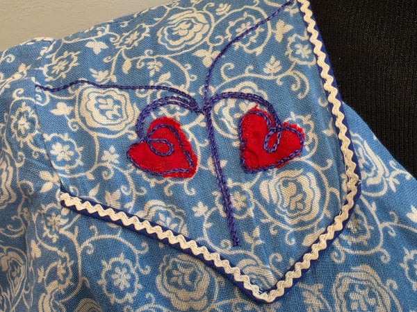 Blue White Print Dress with Red Accents <br> (B-38" W-32" H-41")