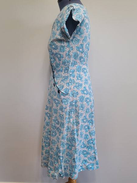 Blue Flower Print Dress Asymmetrical Button Design <br> (B-41" W-36" H-43")