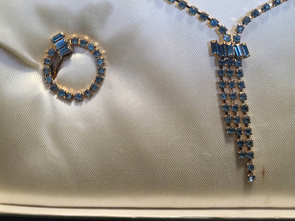 Blue Rhinestone Necklace and Screwback Earrings Set