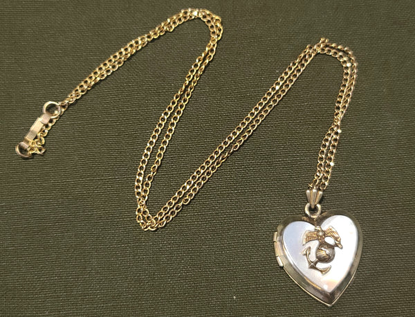 Marine Corps Sweetheart Heart Locket Necklace Mother of Pearl