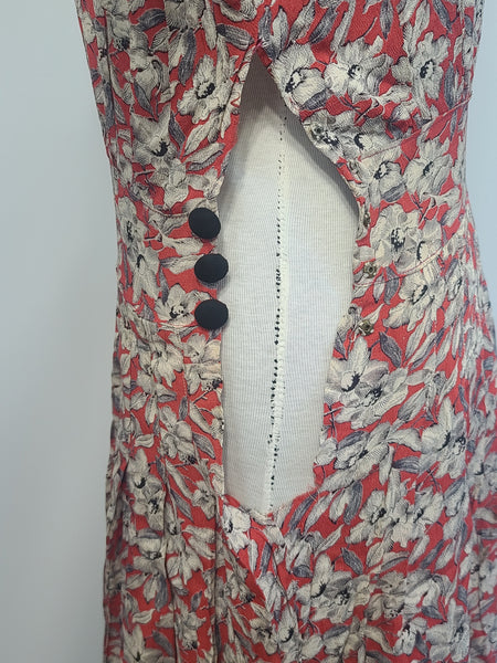 German Red White Black Flower Print Rayon Dress <br> (B-38" W-28" H-35")