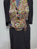 Black Rayon Dress with Colorful Print Wrap Around Top <br> (B-42" W-35" H-41")